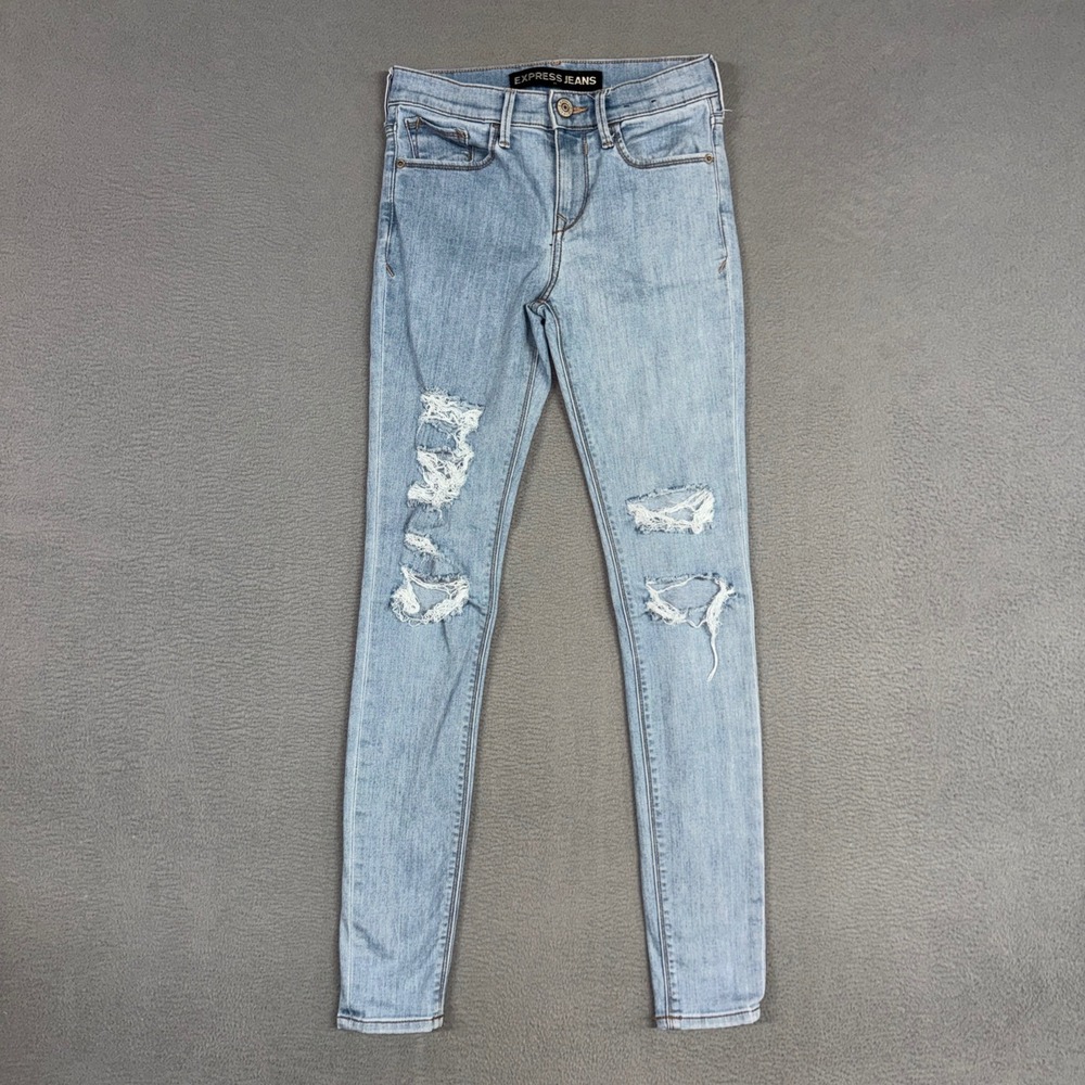 Express Jeans Womens 00 Blue Mid Rise Legging Stretch Distressed Denim Preppy
